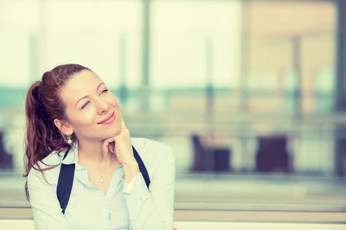 Portrait happy young woman thinking dreaming has many ideas looking up isolated office windows background. Positive human face expression emotion feeling reaction. Decision making process concept-2
